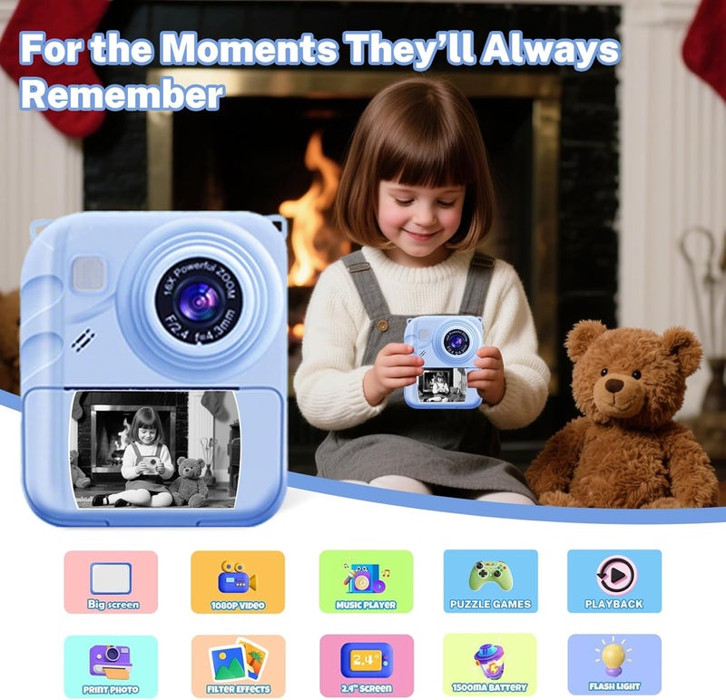 QDH Instant Print Camera for Kids, 1080P Video Camera with 3 Print Rolls, 32GB Card & Cute Cover, Gift for Girls Boys Age 3-12, Toddler Digital Camera with Games, Filters, Music – Blue - Image 2